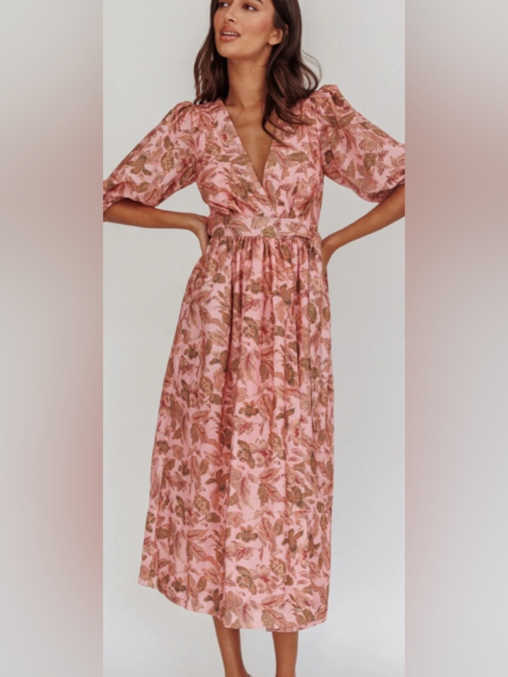 Blush and Tan Cotton Floral Puff Sleeve Midi Wrap Dress by SELFIE LESLIE: M - Picture 4 of 7